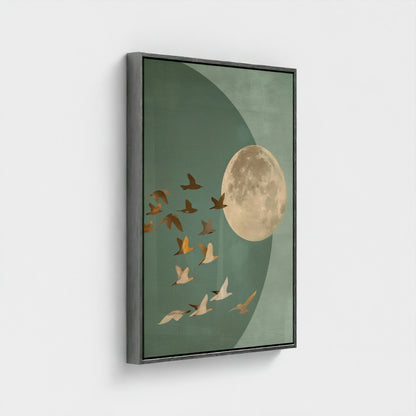 Golden Moon & Celestial Birds Canvas Wall Art – Sage Green