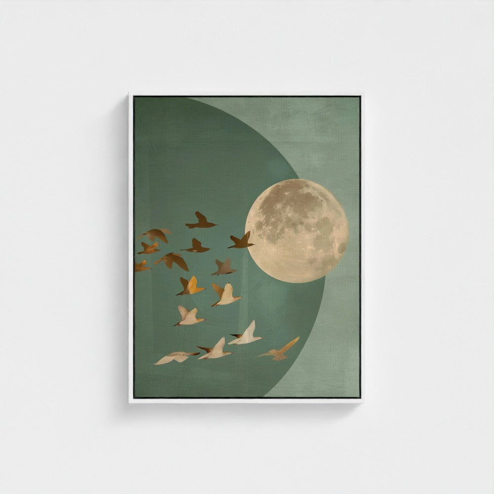 Golden Moon & Celestial Birds Canvas Wall Art – Sage Green