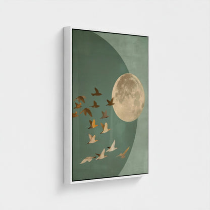 Golden Moon & Celestial Birds Canvas Wall Art – Sage Green