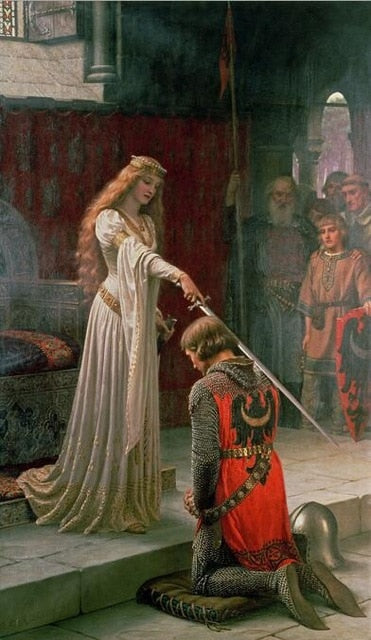 A historical painting depicting a woman in a flowing white gown holding a sword over a kneeling man in red and silver armor, with onlookers in the background inside a stone hall.