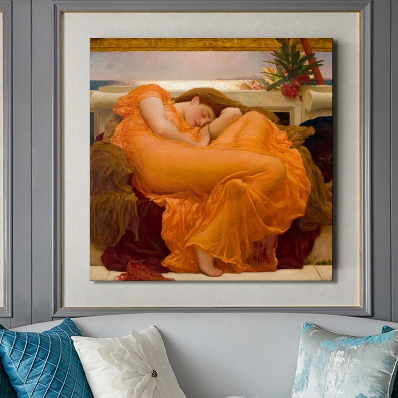 Famous Painting Flaming June by Frederic Leighton Classic Wall Art Canvas Prints For Living Room Dining Room Bedroom Home Decor