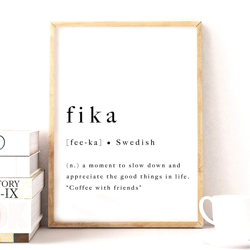 Definition of Fika Swedish Tradition Scandinavian Wall Art Minimalist Black White Canvas Print For Modern Home Office Interior Decor