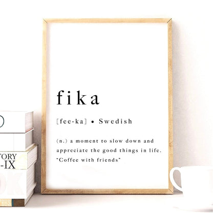 Definition of Fika Swedish Tradition Scandinavian Wall Art Minimalist Black White Canvas Print For Modern Home Office Interior Decor
