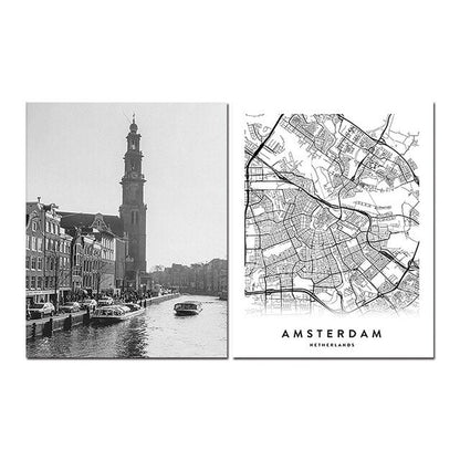 Amsterdam City Map Black White Wall Art Canvas Print Travel Poster For Living Room Dining Room Home Office Decor