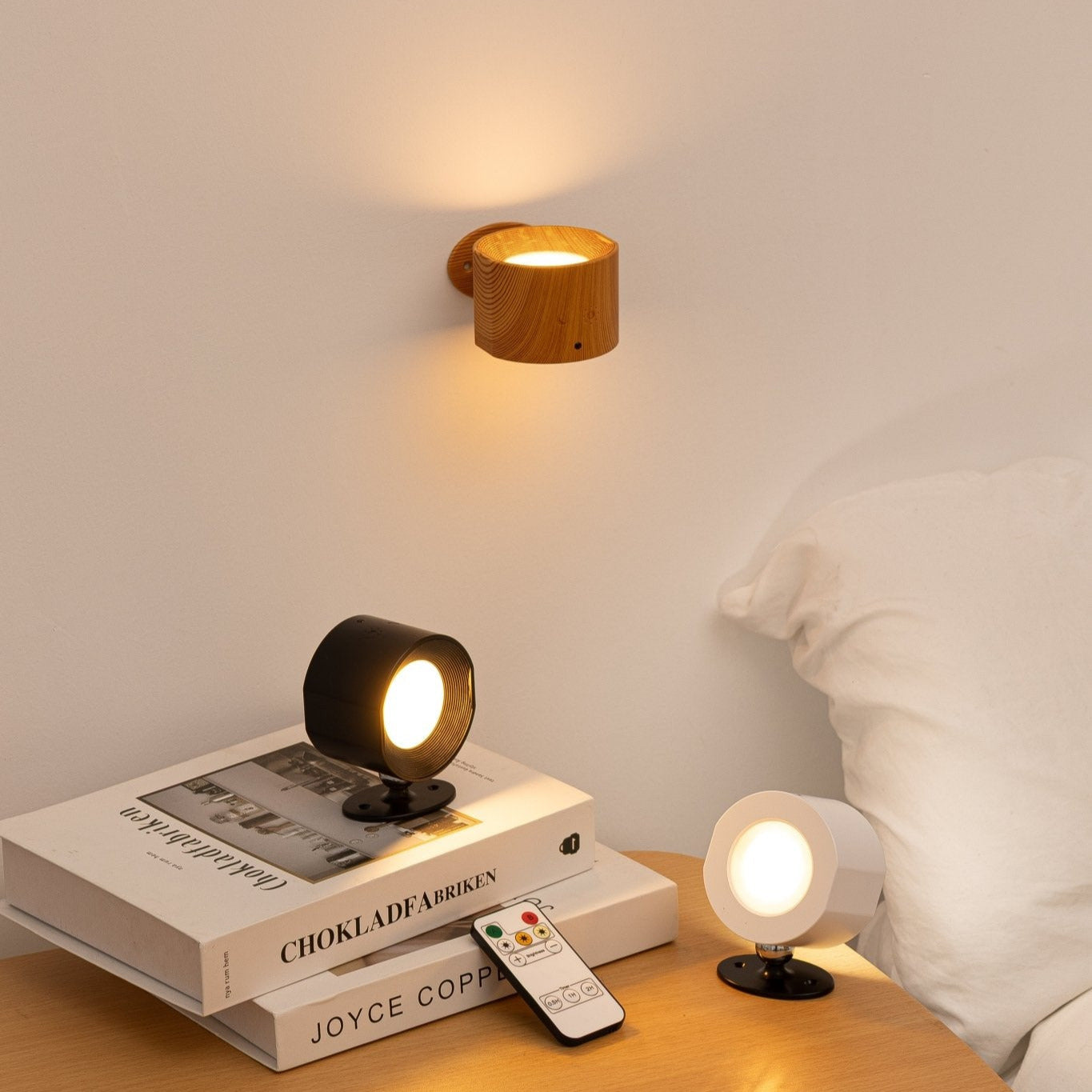 Wooden wall sconce, table lamp  small round lamp on a nightstand with remote control.