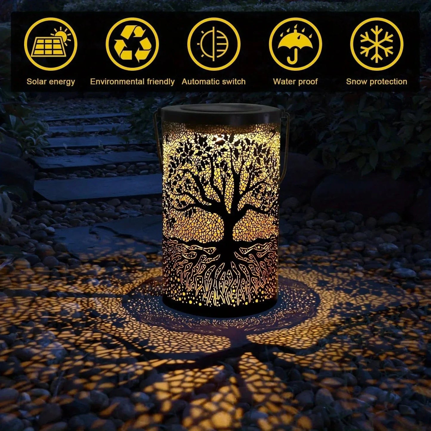 Solar-powered outdoor light with tree design on a dark background