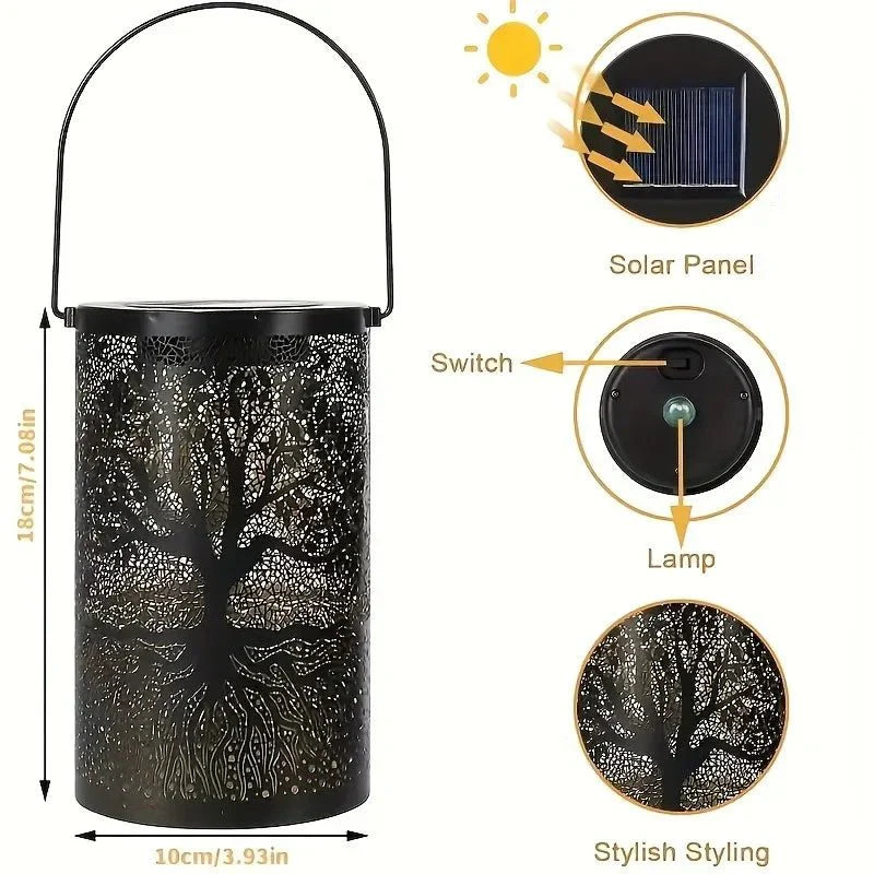 Solar lantern with tree design, labeled parts, and dimensions on a white background