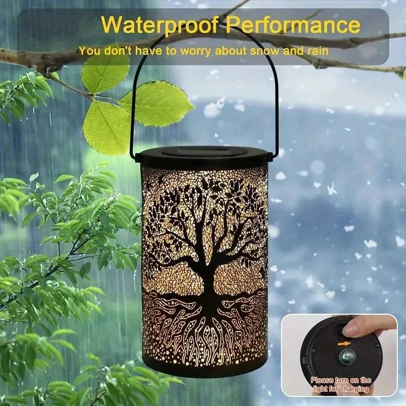 Decorative lantern with tree design on a rainy day, highlighting waterproof performance.