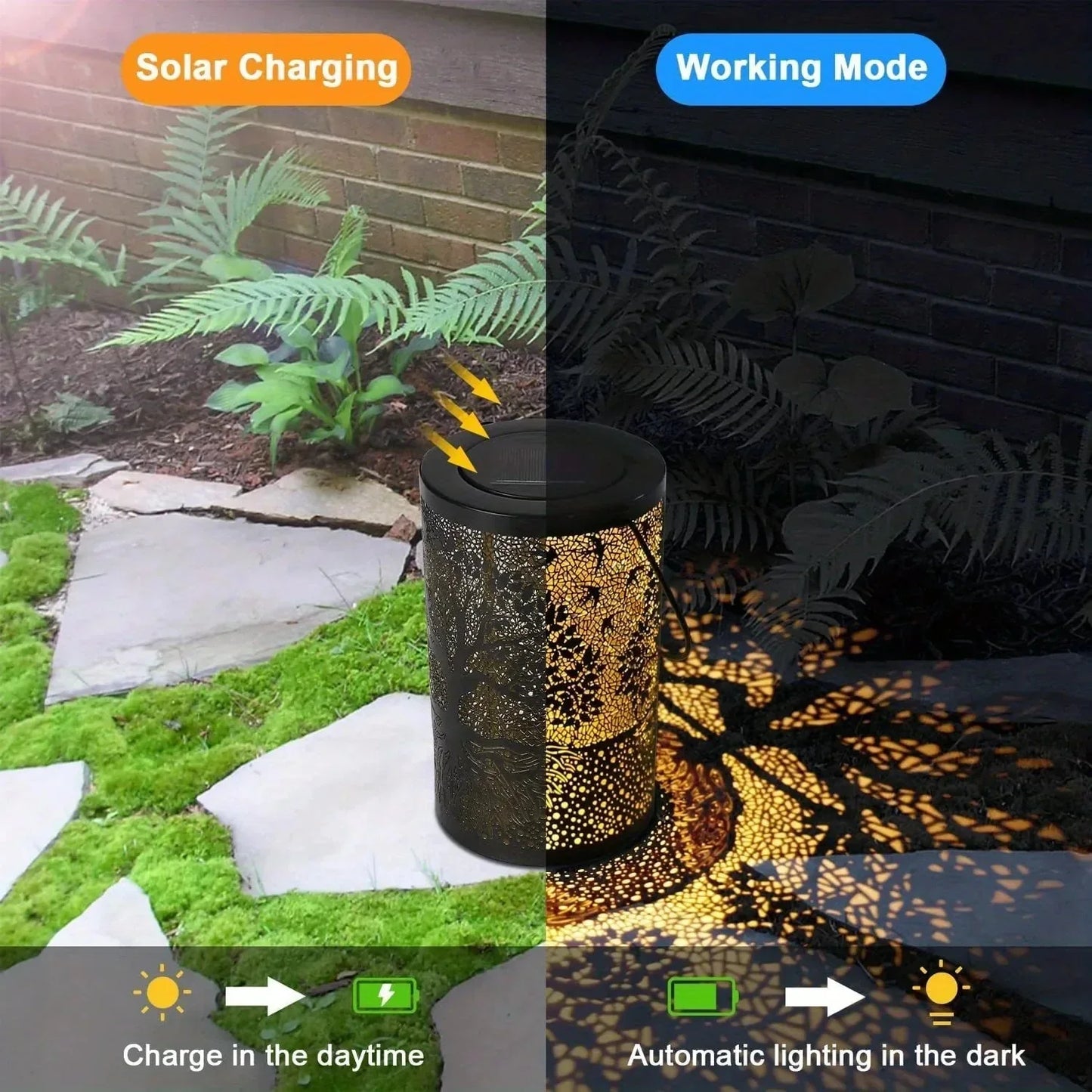 Solar-powered decorative light with charging and working modes shown outdoors.