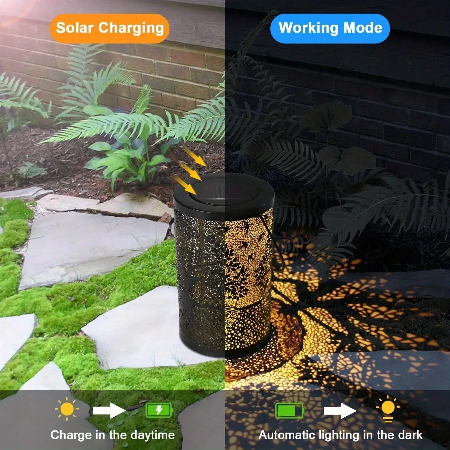 Solar-powered decorative light with charging and working modes shown outdoors.