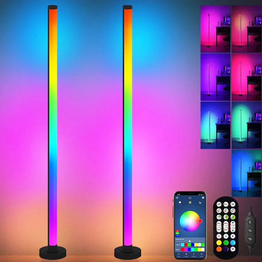 Colorful LED floor lamp with smartphone app and remote control on a gradient background
