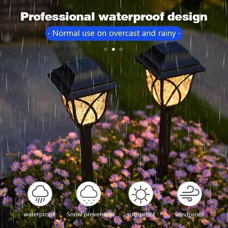 Two solar garden lights in a rainstorm with text about waterproof design.