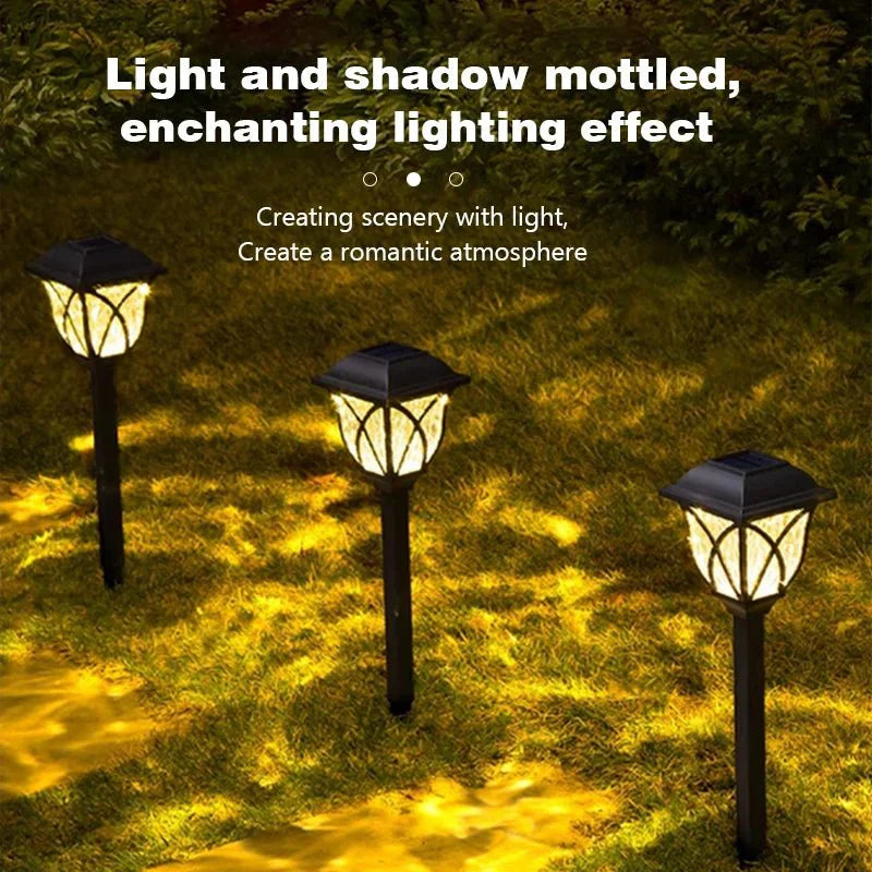 Three outdoor solar lamps casting light on grass with text describing their effect.