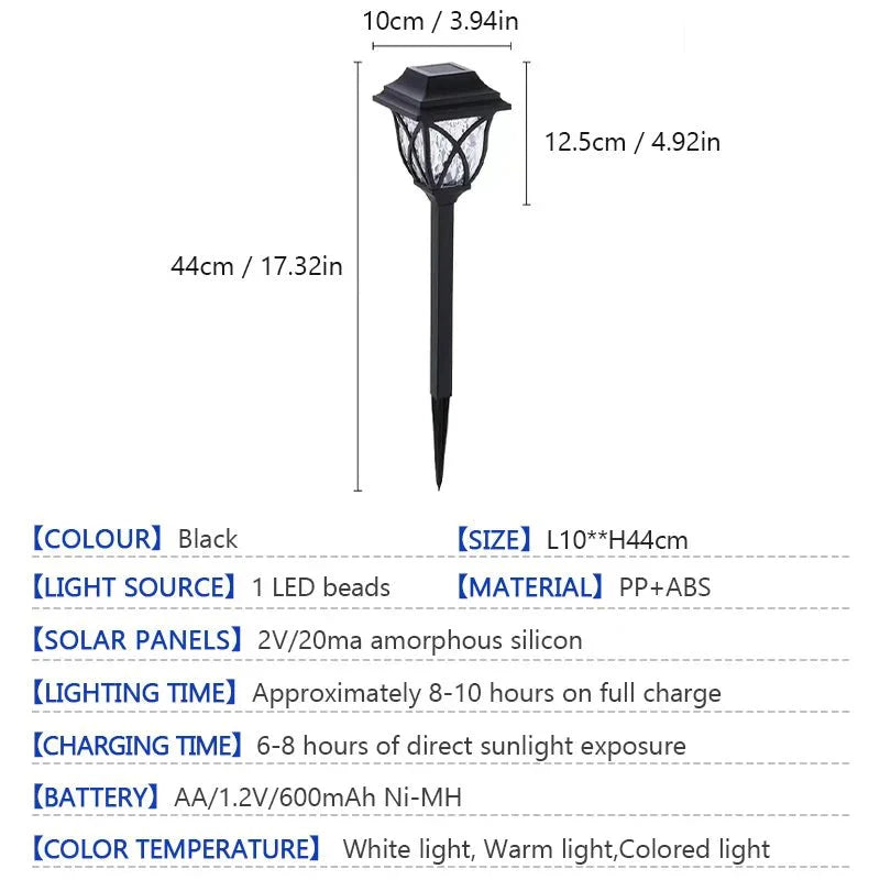 Solar garden light with dimensions and specifications on a white background