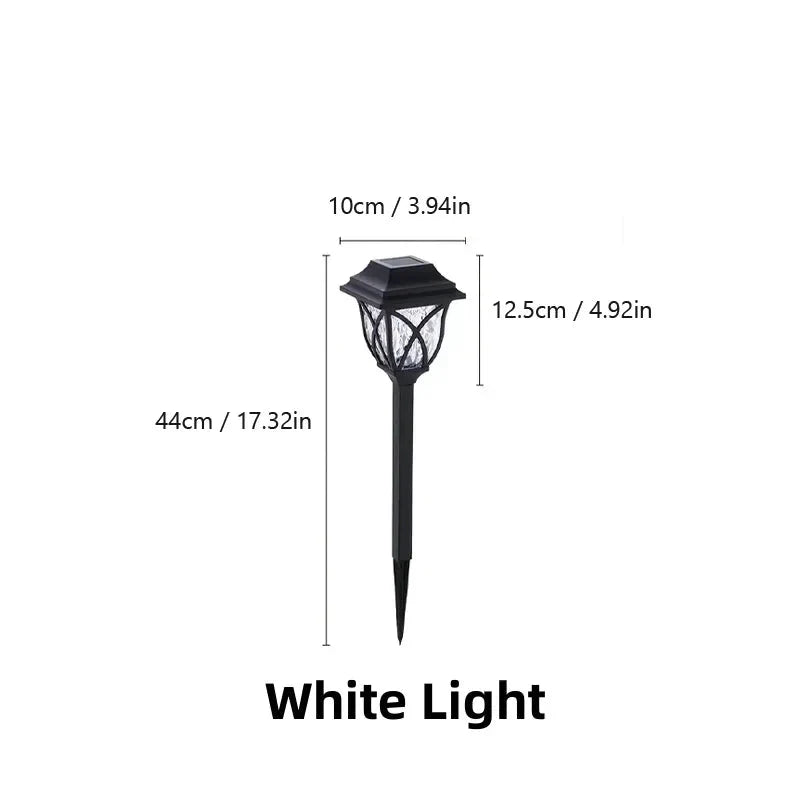 Dimensions of a solar-powered outdoor light with white light text on a white background