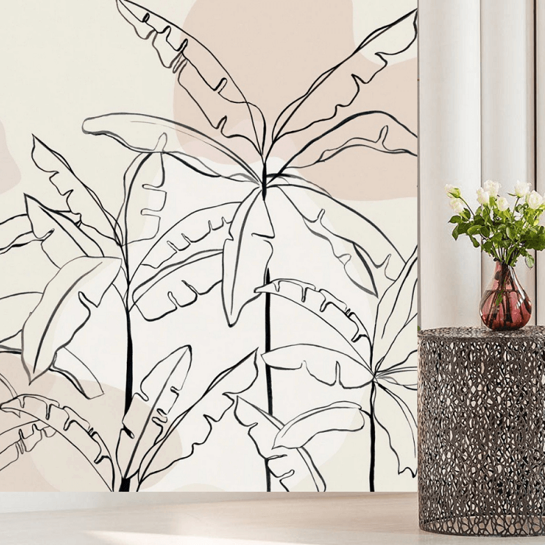 Banana Leaves Sketch Pink Mural Wallpaper (SqM)