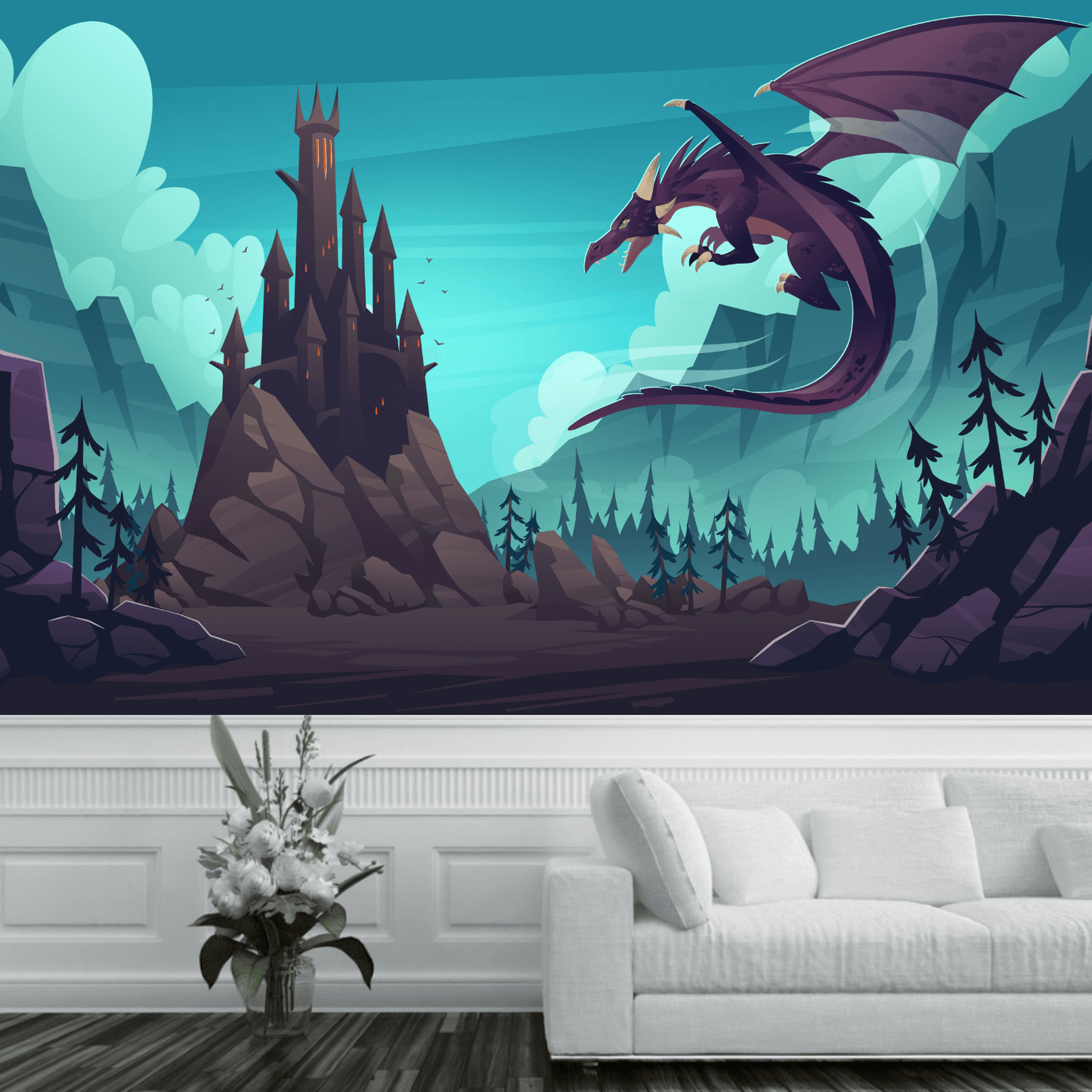 Cartoon Castle Flying Dragon Mural Wallpaper (SqM)
