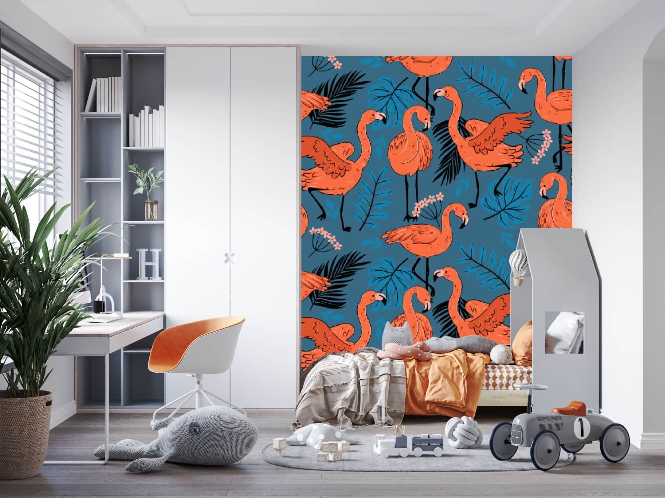 Flamingos and Tropical Leaves Pattern Mural Wallpaper (SqM)