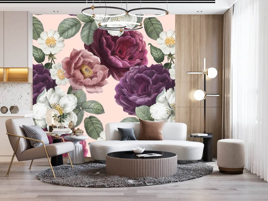 Romantic Violet and Pink Floral Mural Wallpaper (SqM)