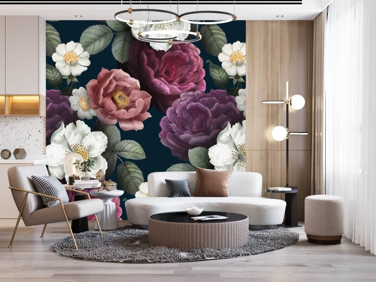 Romantic Large Violet and Pink Floral Dark Mural Wallpaper (SqM)