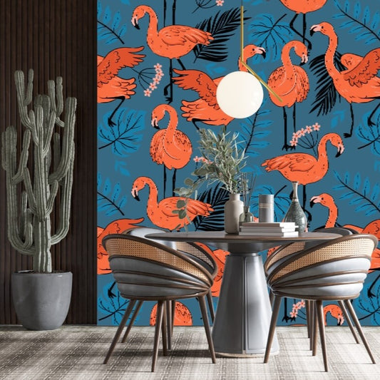 Flamingos and Tropical Leaves Pattern Mural Wallpaper (SqM)