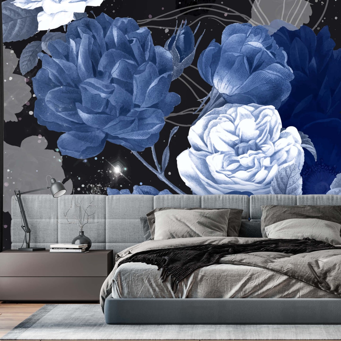 Blue Dark Floral Mural Wallpaper (SqM)