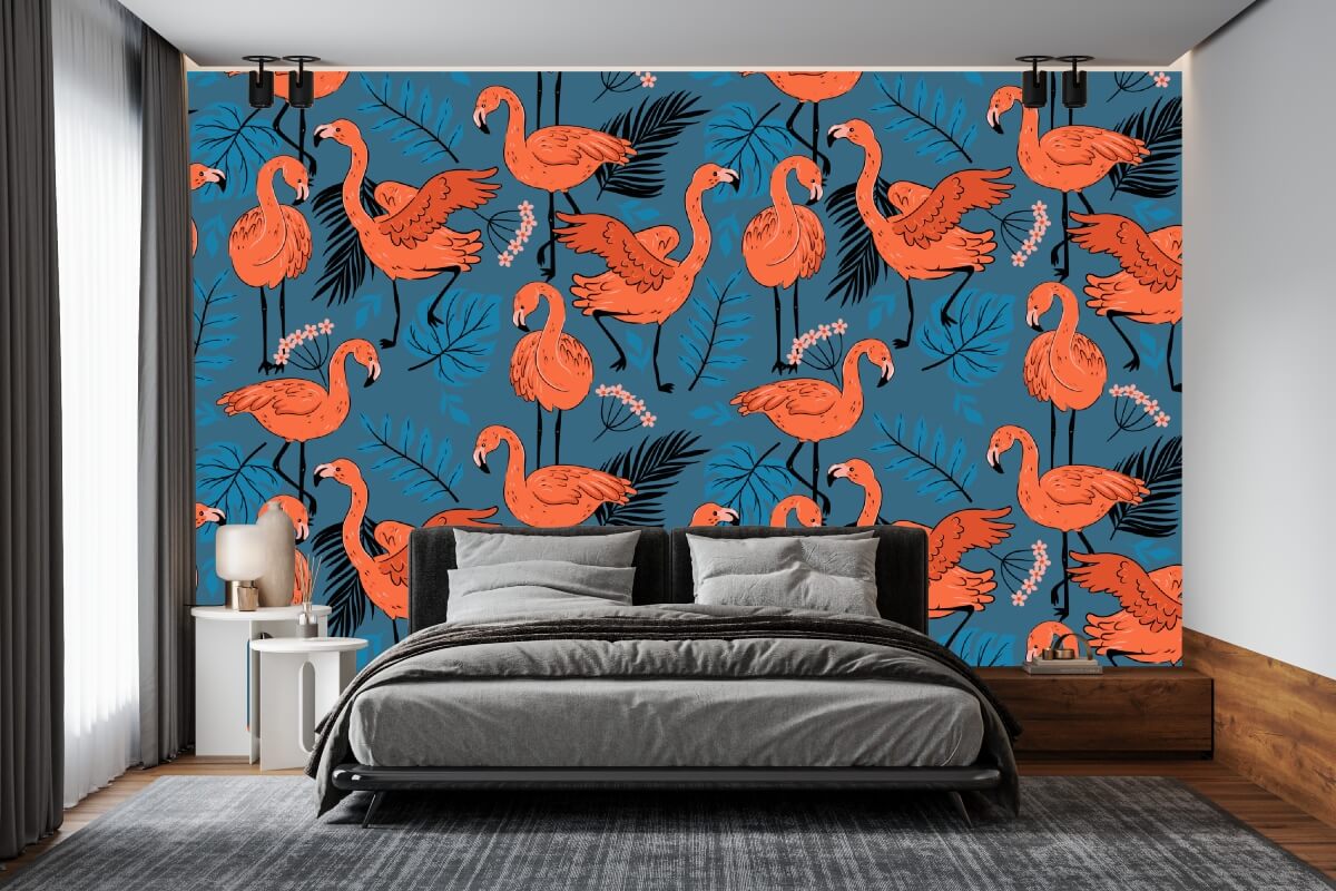 Flamingos and Tropical Leaves Pattern Mural Wallpaper (SqM)