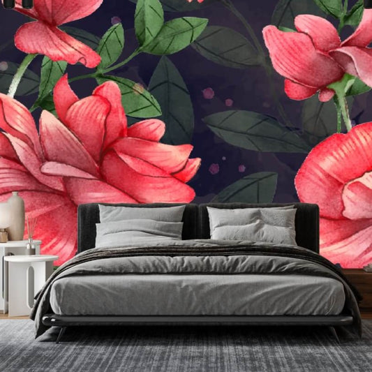 Pretty Colorful Watercolor Flowers Black Mural Wallpaper (SqM)