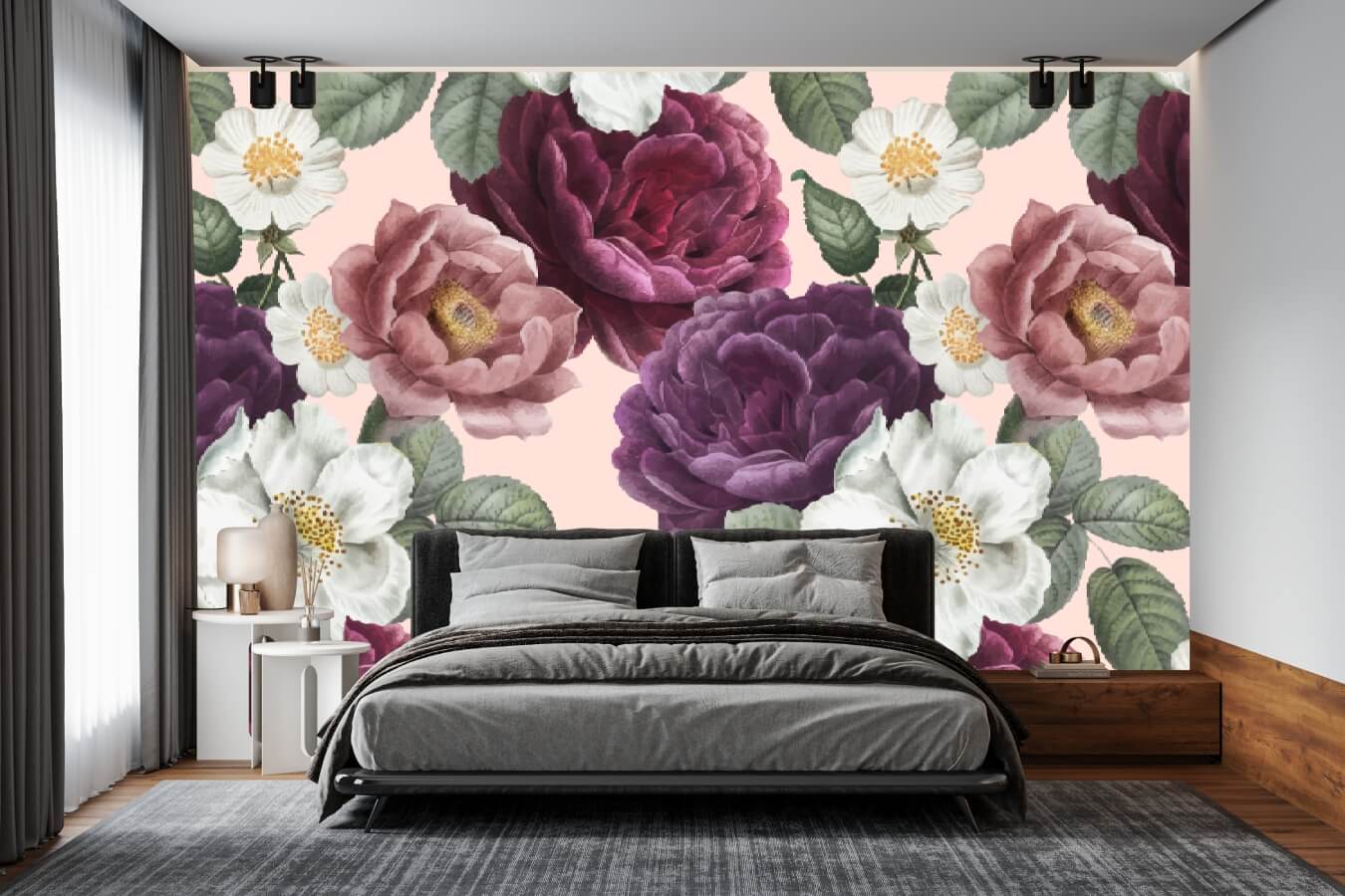 Romantic Violet and Pink Floral Mural Wallpaper (SqM)