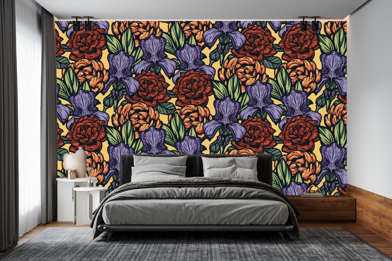 Retro Roses and Irises Floral Mural Wallpaper (SqM)