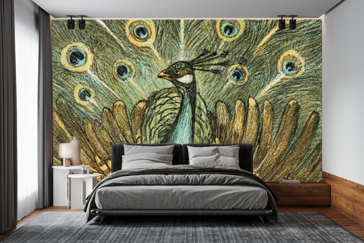 Retro Majestic Peacock Mural Wallpaper (SqM)