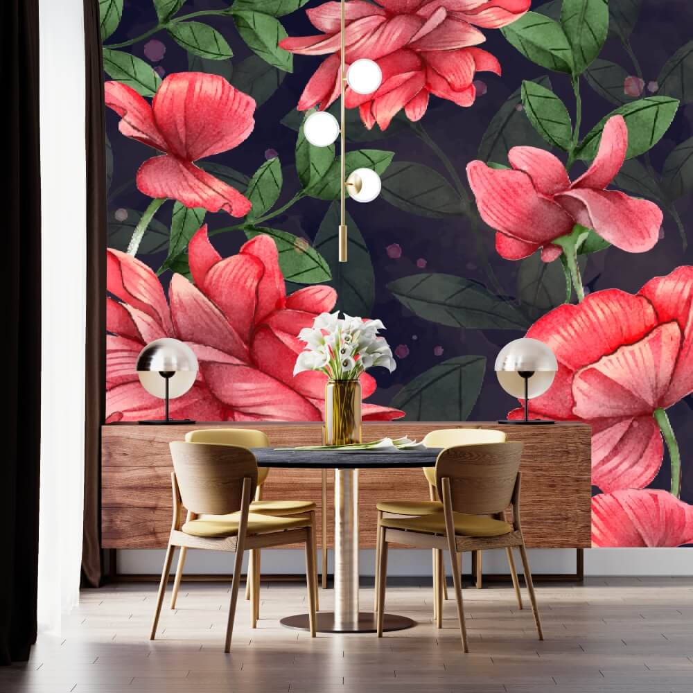 Pretty Colorful Watercolor Flowers Black Mural Wallpaper (SqM)