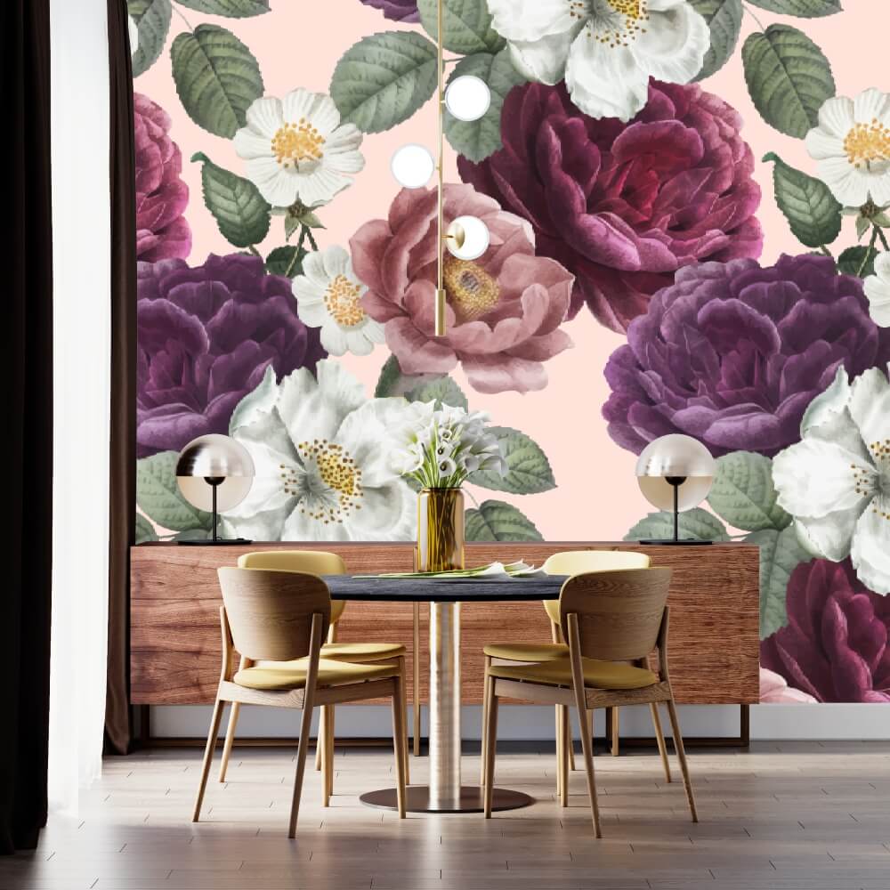 Romantic Violet and Pink Floral Mural Wallpaper (SqM)