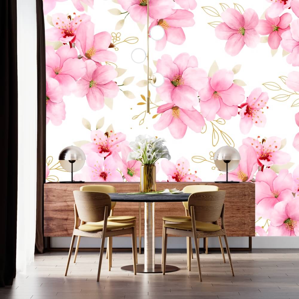 Watercolor Pink Cherry Blossoms Mural Wallpaper (SqM)