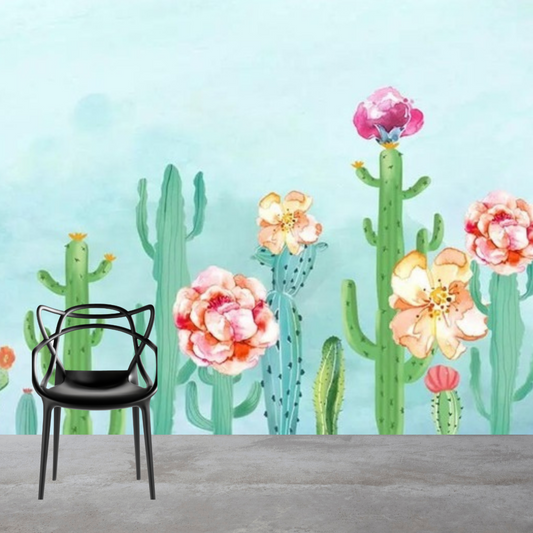 Pastel Cactus Flowers Mural Wallpaper (SqM)