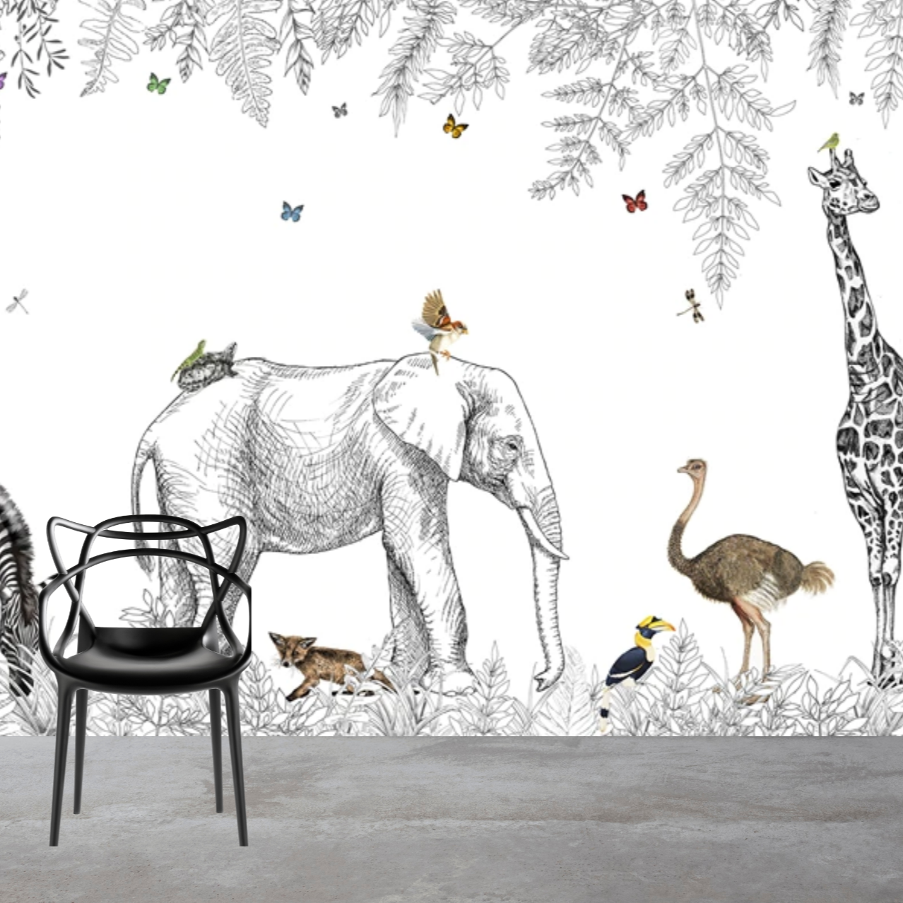 Jungle Sketch Safari Animals Mural Wallpaper (SqM)