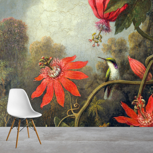 A hummingbird and three red passionflowers on a luxuriant vegetation as a background mural wallpaper