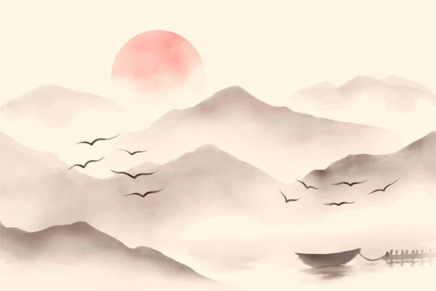 Chinoiserie Monochrome Landscape Watercolor (SqM)