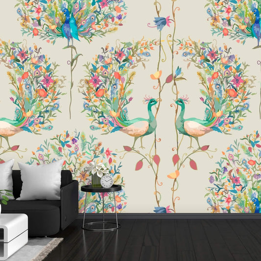 Peacock and Flowers Watercolor Mural Wallpaper (SqM)