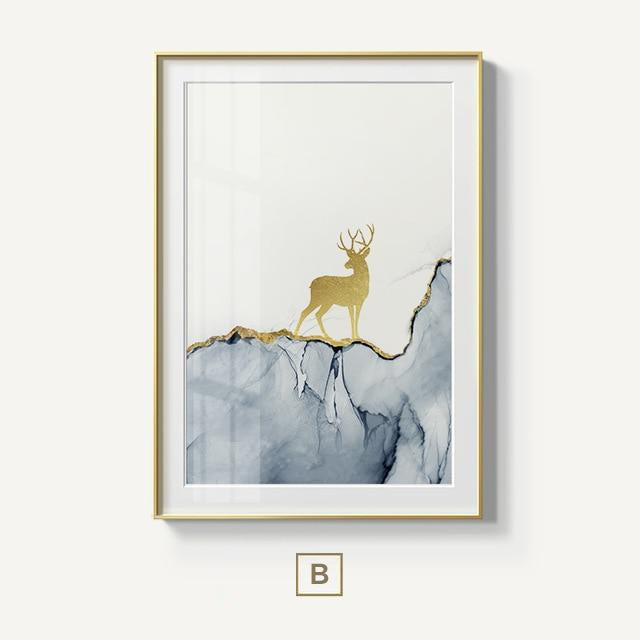 Golden Stag In Wilderness Forest Landscape Canvas Prints | Magical Nordic Nature Fine Art Painting For Modern Home Interior Décor