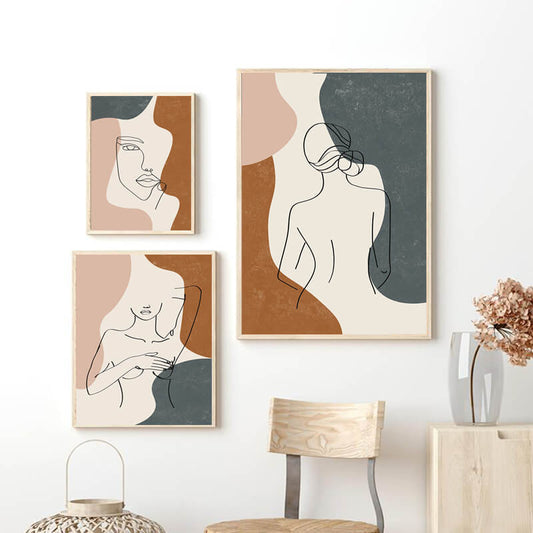 Abstract Woman Line Art Canvas Prints | Nordic Style Earth Tones Colors Minimalist Wall Art For Living Room Bedroom Modern Home Décor