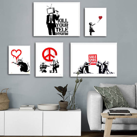 Banksy Art Canvas Prints | Minimalist Black and White Wall Art Inspirational Poster For Modern Living Room Teenage Room Office Décor