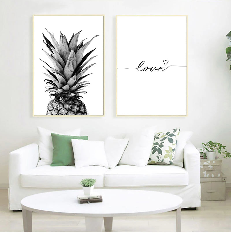 Black White Pineapple Minimalist Love Quote Canvas Prints | Inspirational Lifestyle Wall Art For Living Room Bedroom Art Decor