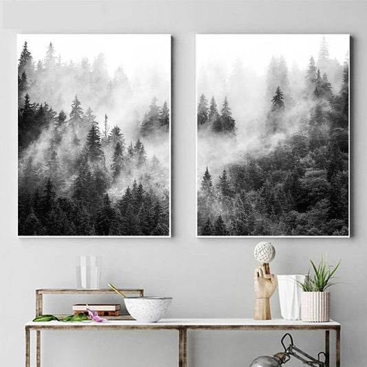 Black & White Misty Forest Canvas Prints | Wilderness Wall Art Minimalist Nordic Landscape Pictures For Living Room Scandinavian Interior Decor