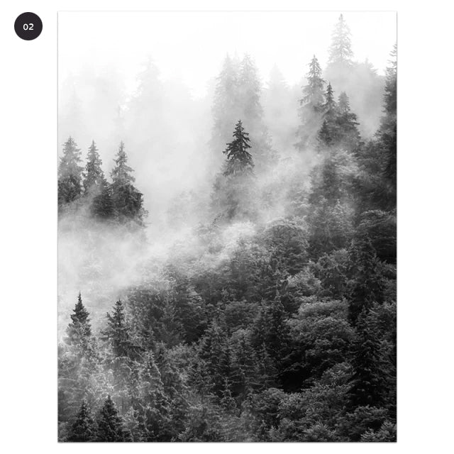 Black & White Misty Forest Canvas Prints | Wilderness Wall Art Minimalist Nordic Landscape Pictures For Living Room Scandinavian Interior Decor