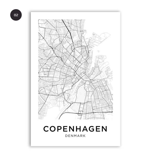 Copenhagen City Map Black White Canvas Print Minimalist Scandinavian Travel Poster For Bedroom Living Room Home Office Art Decor
