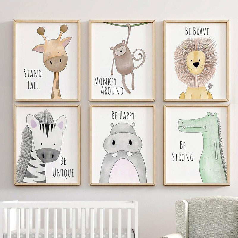 Nursery Cute Animals Zebra Hippo Giraffe Lion Monkey Crocodile Canvas Prints | For Kid's Bedroom Wall Décor