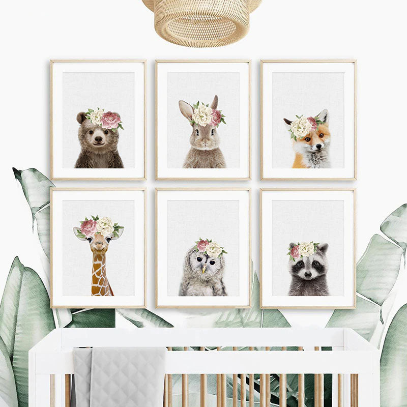 Cute Animals With Flowers Canvas Prints Bunny Owl Giraffe Zebra Fox Tiger Wall Art For Baby's Room