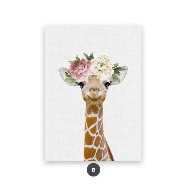 Cute Animals With Flowers Canvas Prints Bunny Owl Giraffe Zebra Fox Tiger Wall Art For Baby's Room