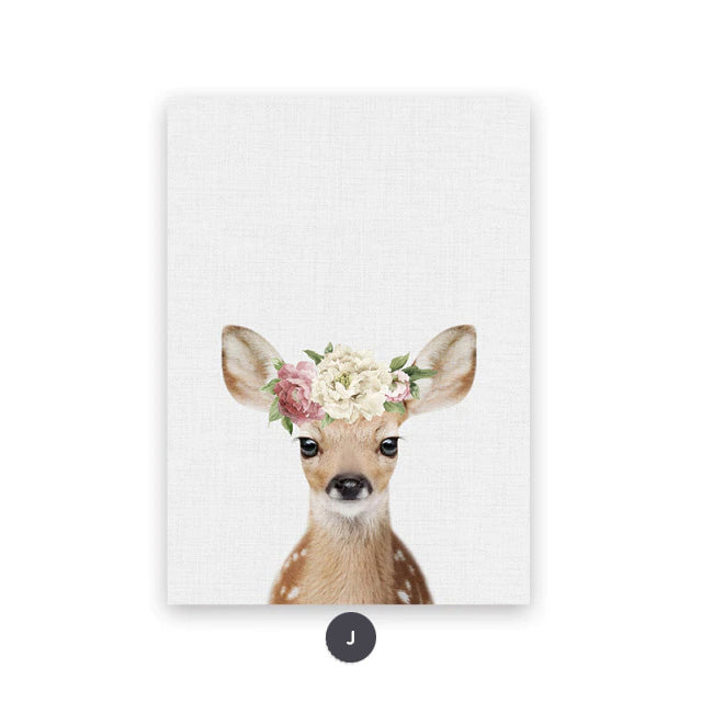 Cute Animals With Flowers Canvas Prints Bunny Owl Giraffe Zebra Fox Tiger Wall Art For Baby's Room